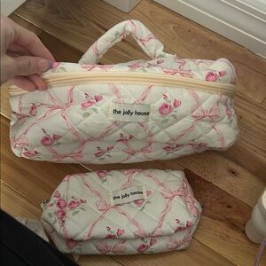 The Jolly House Quilted Floral Cosmetic Bag Set - White with Pink Roses